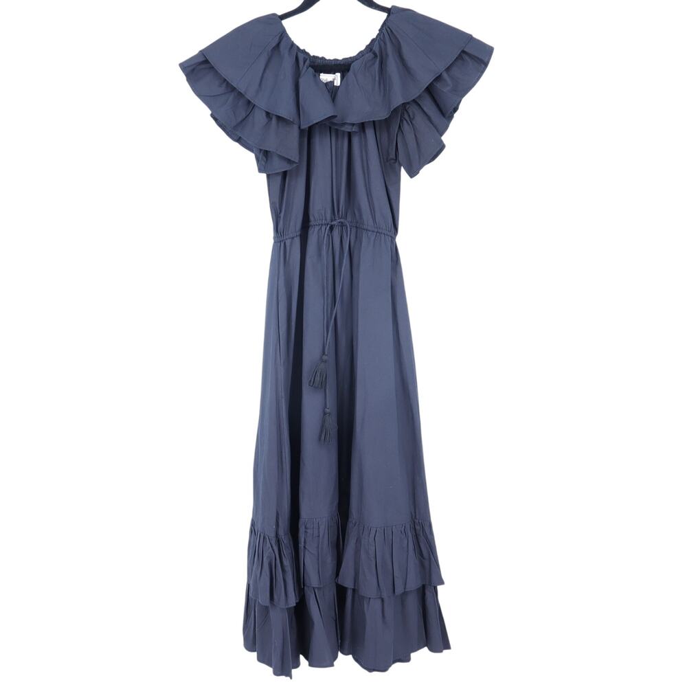 Mille Ruffle Tiered Midi Skirt Black Tie Waist Cotton Poplin Women's XS